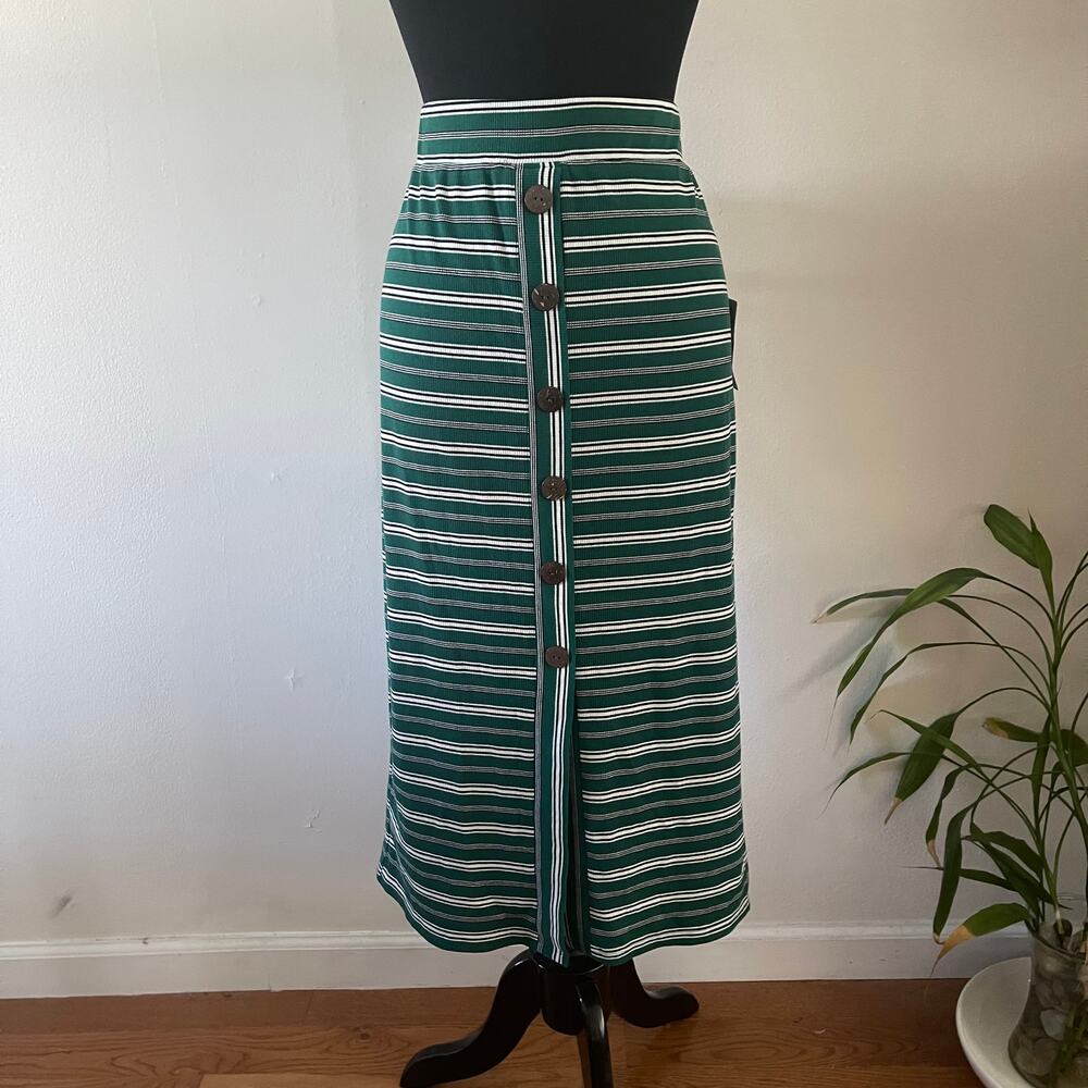NSR Nordstrom NWT Ribbed Midi Skirt L Green Stripe Faux Button Slit